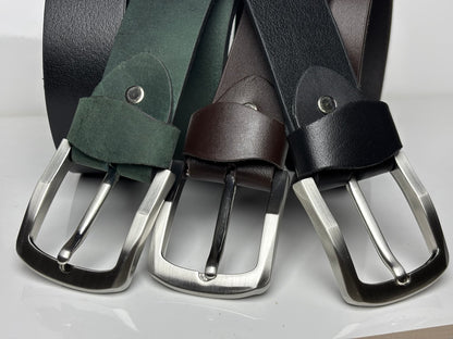 Pack of 3 - 40 MM Leather Belts - Black, Green & Chocolate Brown