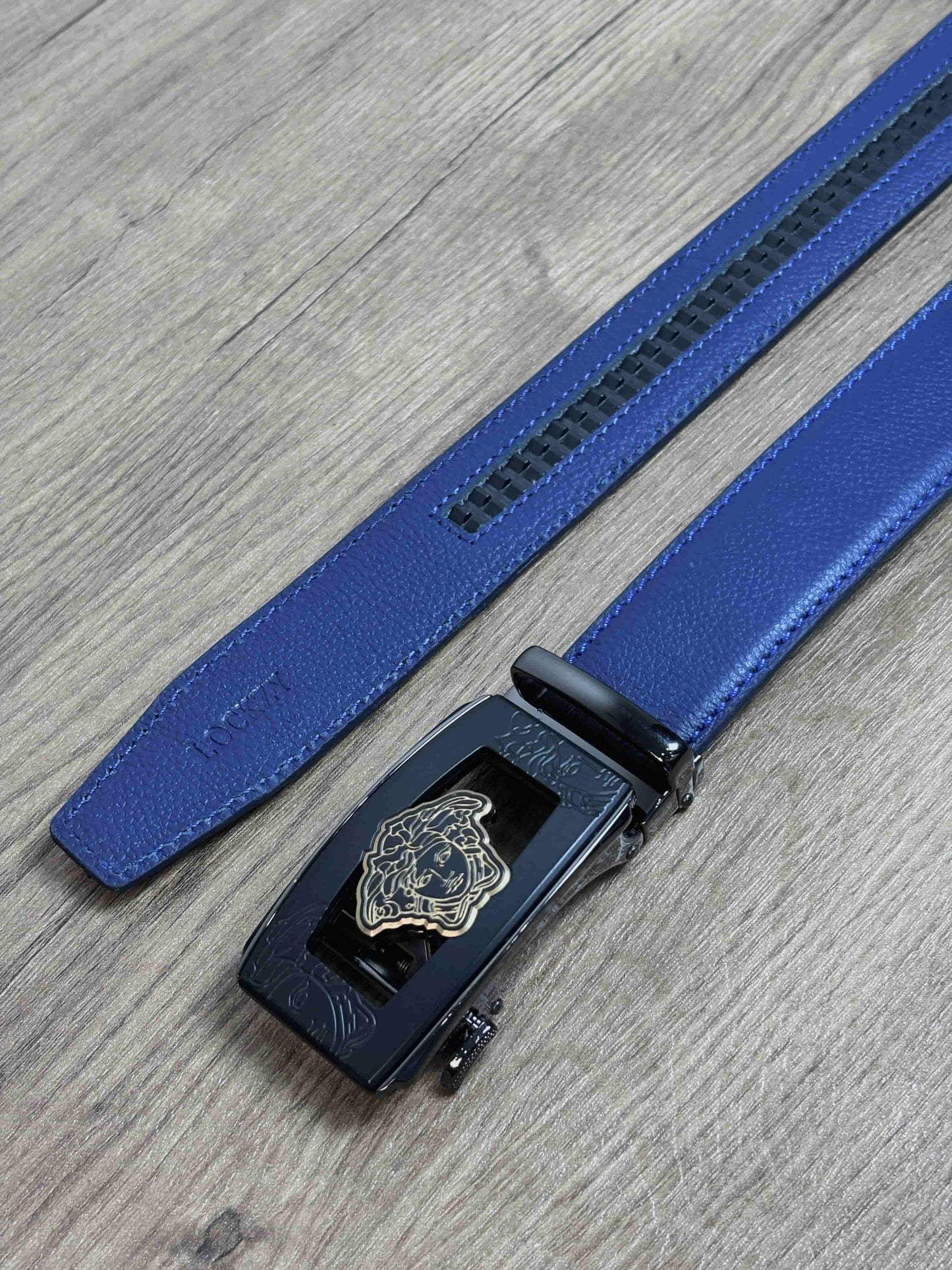 Auto Lock Full Grain Natural Leather Belt - Blue