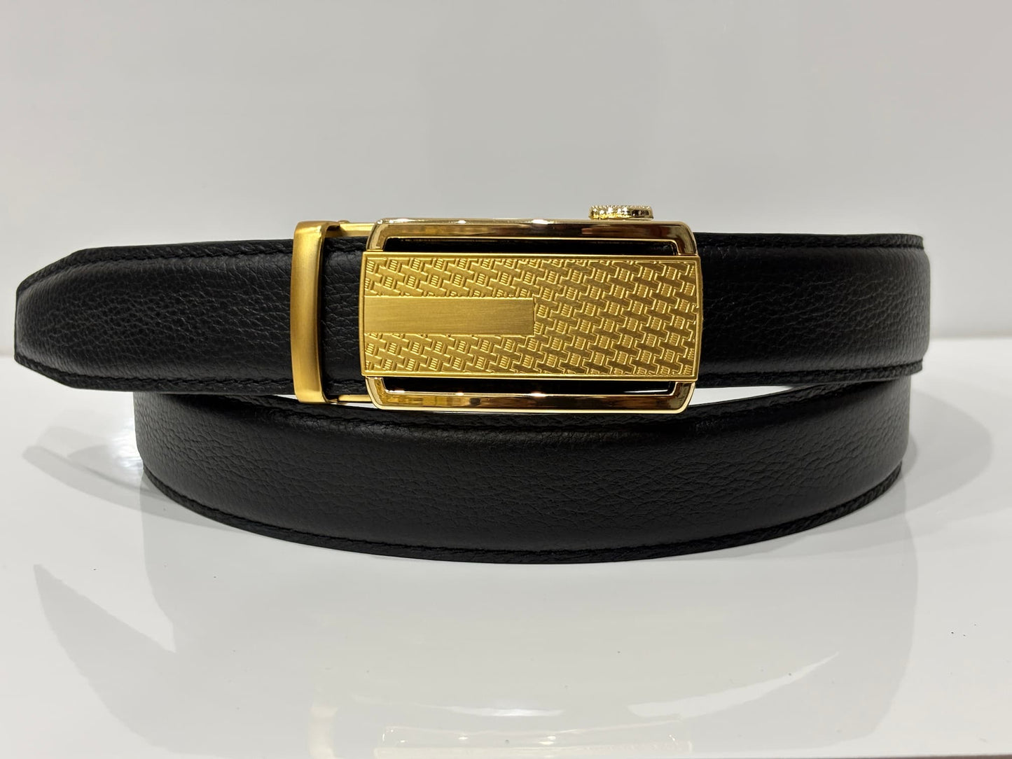 Auto Lock Full Grain Leather Belt -Golden Buckle Black Strap