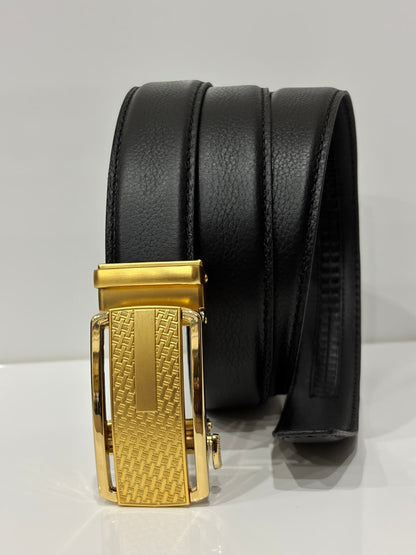Auto Lock Full Grain Leather Belt -Golden Buckle Black Strap