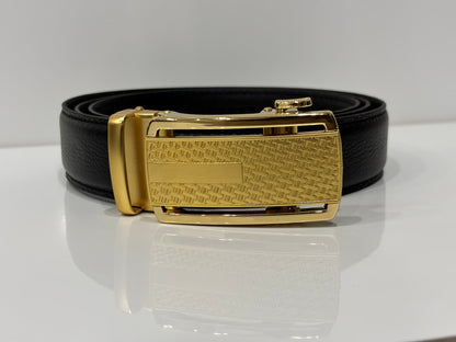 Auto Lock Full Grain Leather Belt -Golden Buckle Black Strap