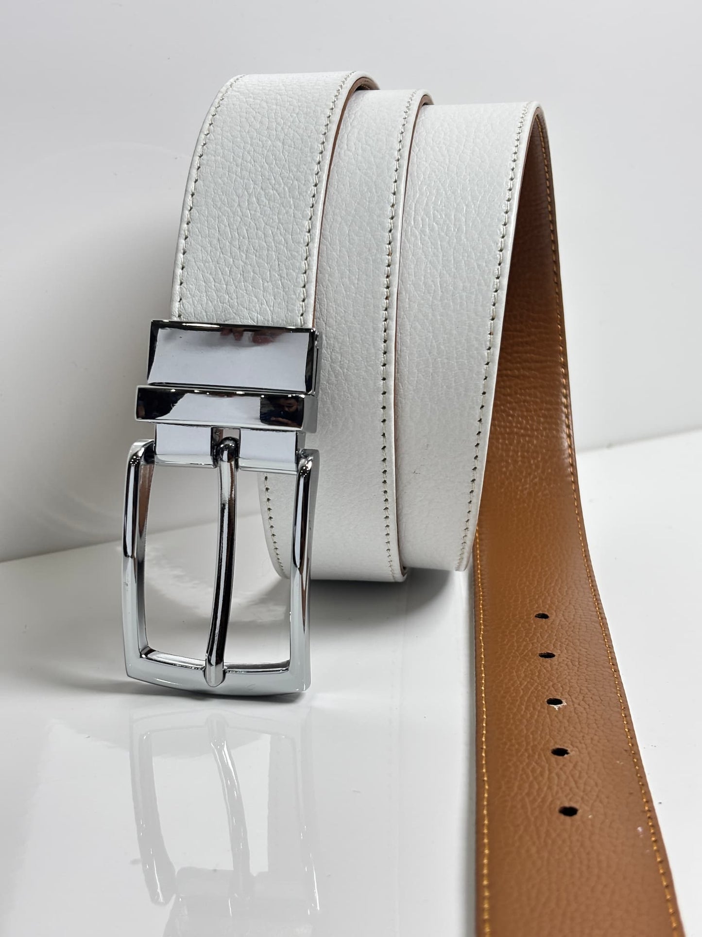 2-in-1 Rotatable Pure Leather Belt | White & Brown