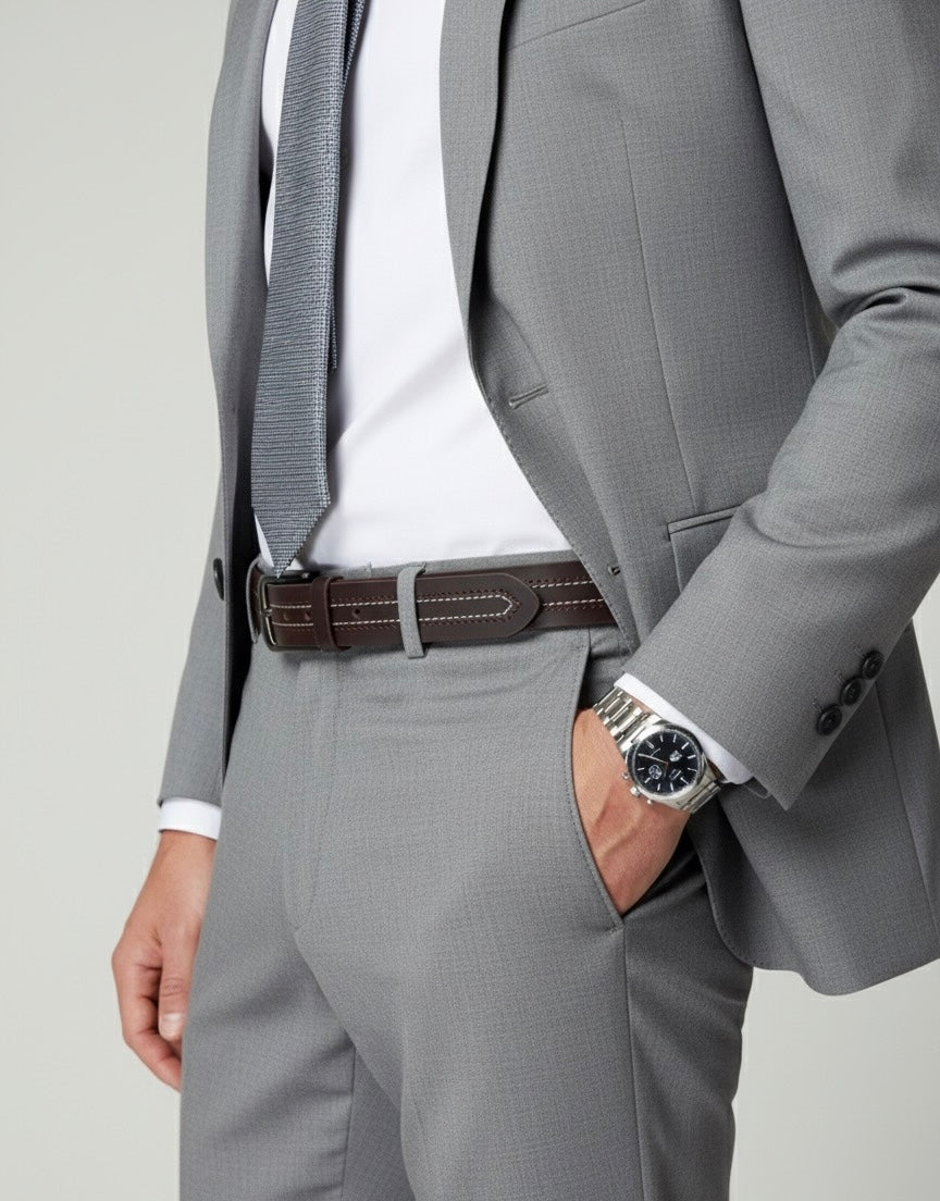 Dark Brown Full Grain 100% Leather Jeans Belt - White Contrast Stitching