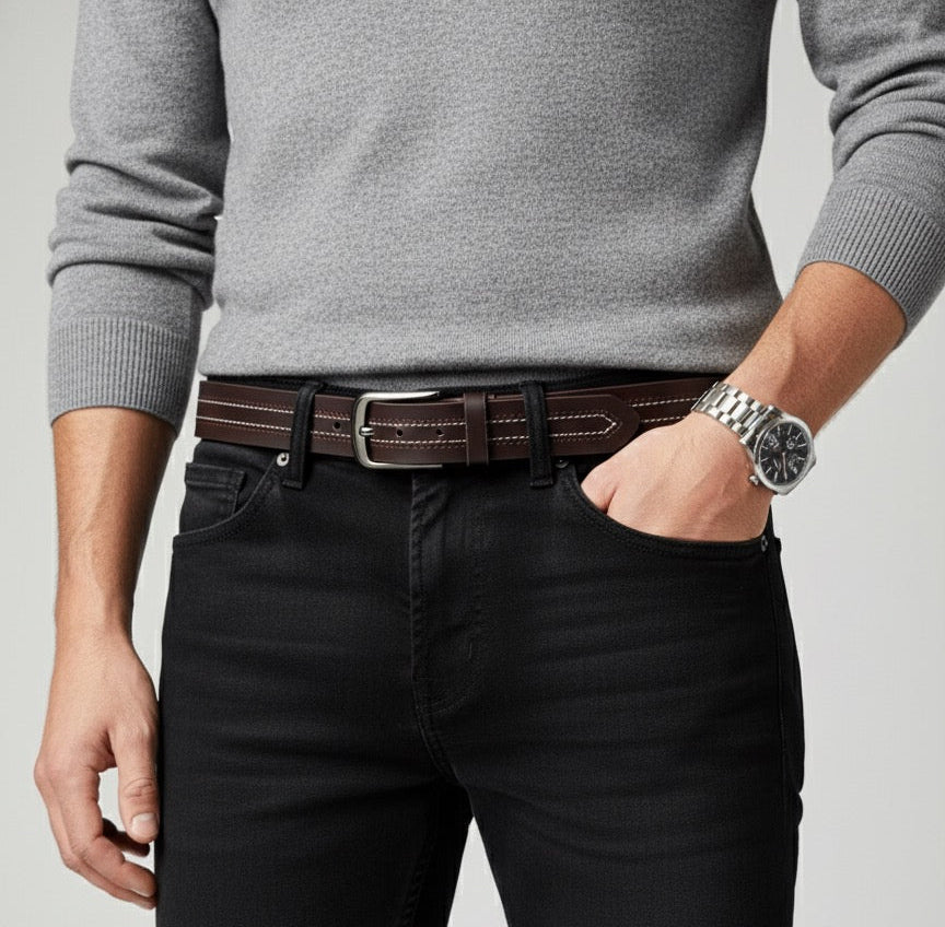 Dark Brown Full Grain 100% Leather Jeans Belt - White Contrast Stitching