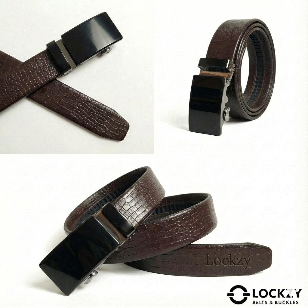 Brown leather belt with black buckle on a white background, featuring the Lockzy brand.