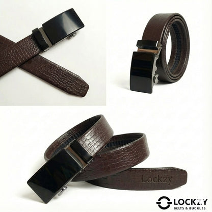 Brown leather belt with black buckle on a white background, featuring the Lockzy brand.