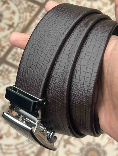 Imported Ratchet Track Auto Lock Belt – Pattern Chocolate Brown - Versatile Buckle Collection