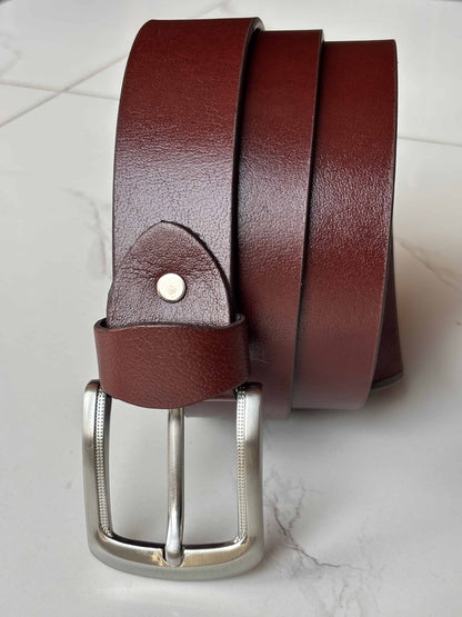 Lockzy Men's Full Grain Burgundy Leather Belt – 40mm Premium Handcrafted Real Leather Belt with Textured Silver Buckle