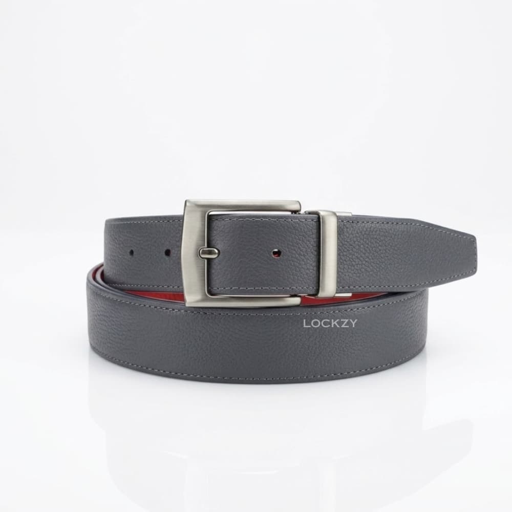 2-in-1 Double-Sided Natural Cow 100 % Leather Belt - Blue & Grey- No Peeling or Cracking