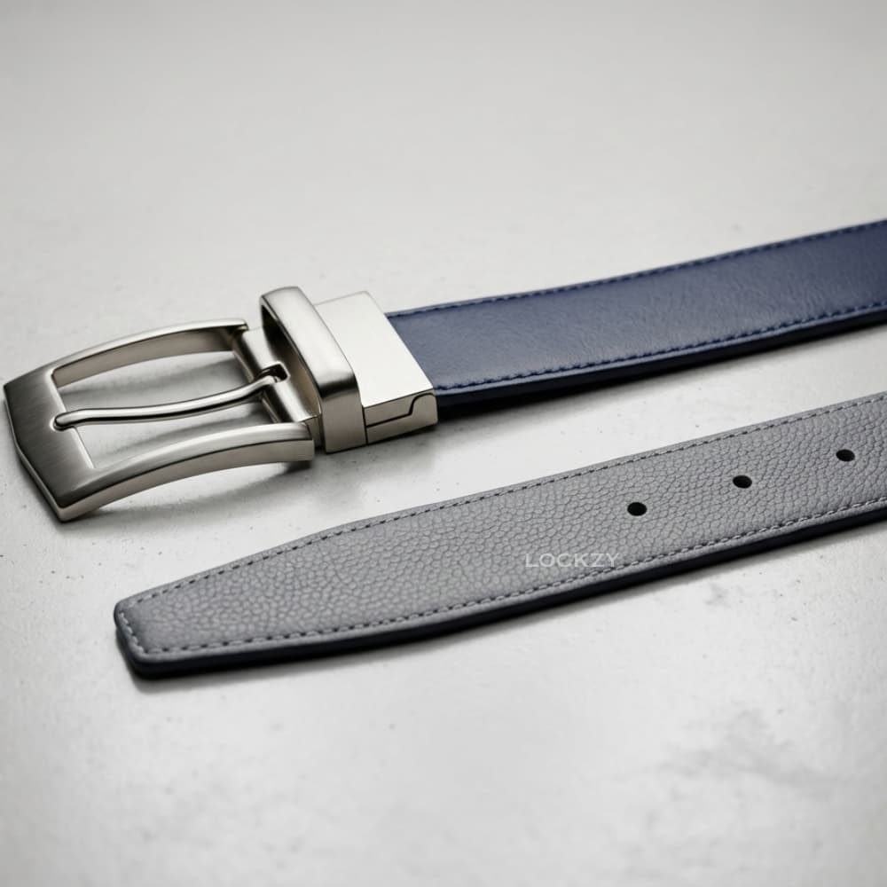 2-in-1 Double-Sided Natural Cow 100 % Leather Belt - Blue & Grey- No Peeling or Cracking