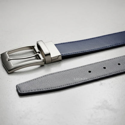 2-in-1 Double-Sided Natural Cow 100 % Leather Belt - Blue & Grey- No Peeling or Cracking