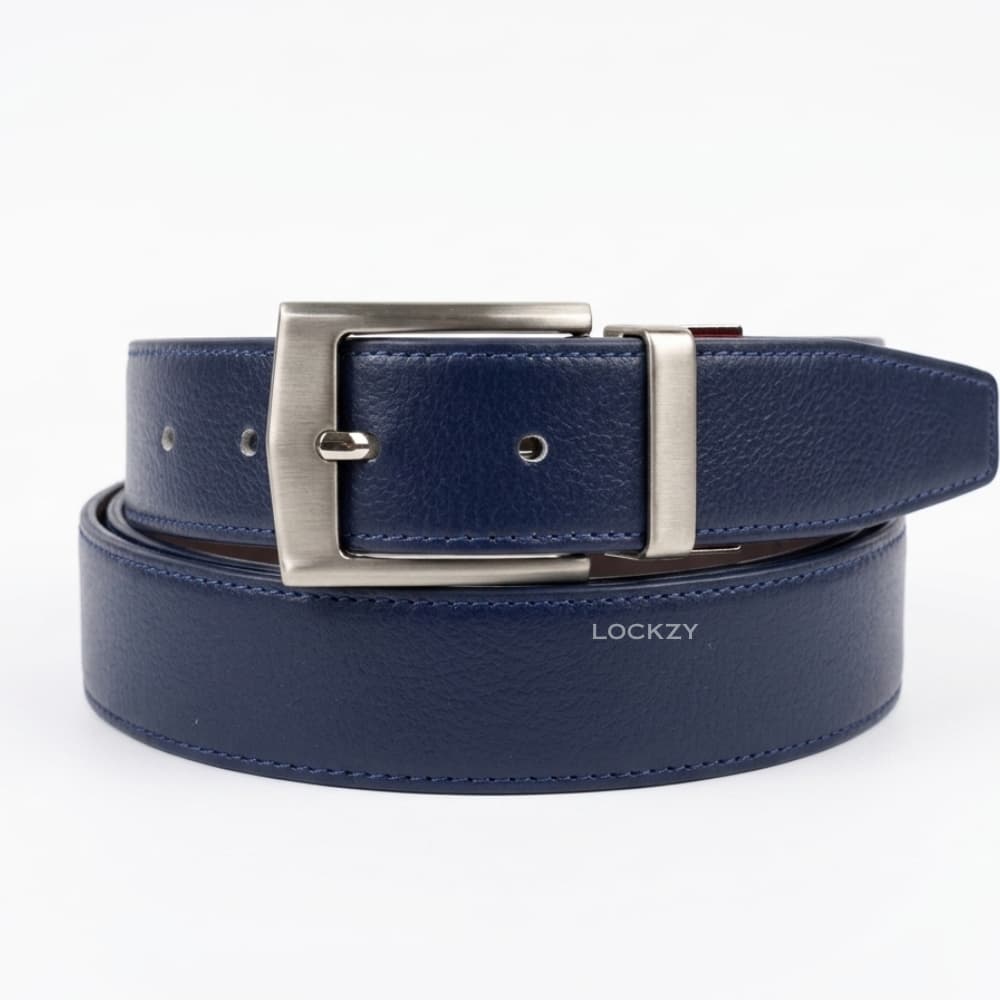 2-in-1 Double-Sided Natural Cow 100 % Leather Belt - Blue & Grey- No Peeling or Cracking