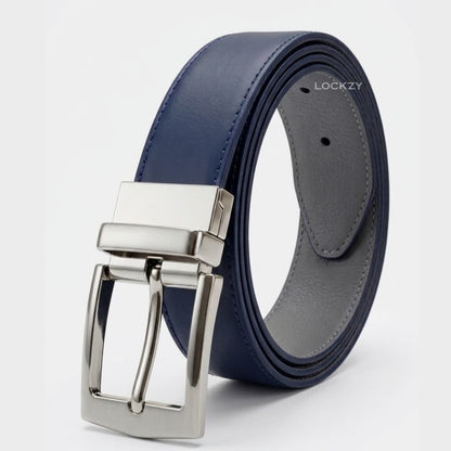 2-in-1 Double-Sided Natural Cow 100 % Leather Belt - Blue & Grey- No Peeling or Cracking