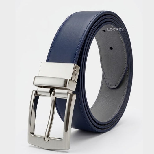 2-in-1 Double-Sided Natural Cow 100 % Leather Belt - Blue & Grey- No Peeling or Cracking