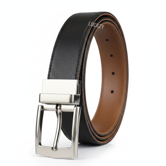 2-in-1 Double-Sided Real Cow Leather Natural Belt - Black & Tan