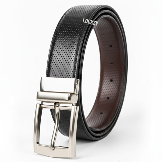 2-in-1 Double-Sided Cow Leather High Chrome Finish Belt - Perforated Black & Brown