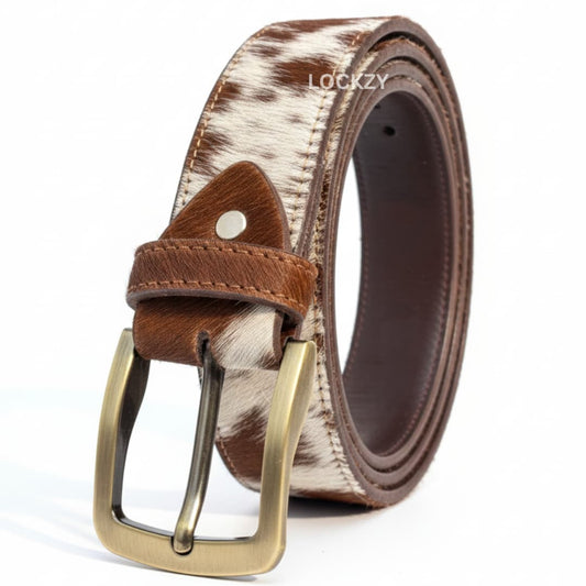 Premium Natural Brown & White Leather Belt with Hair