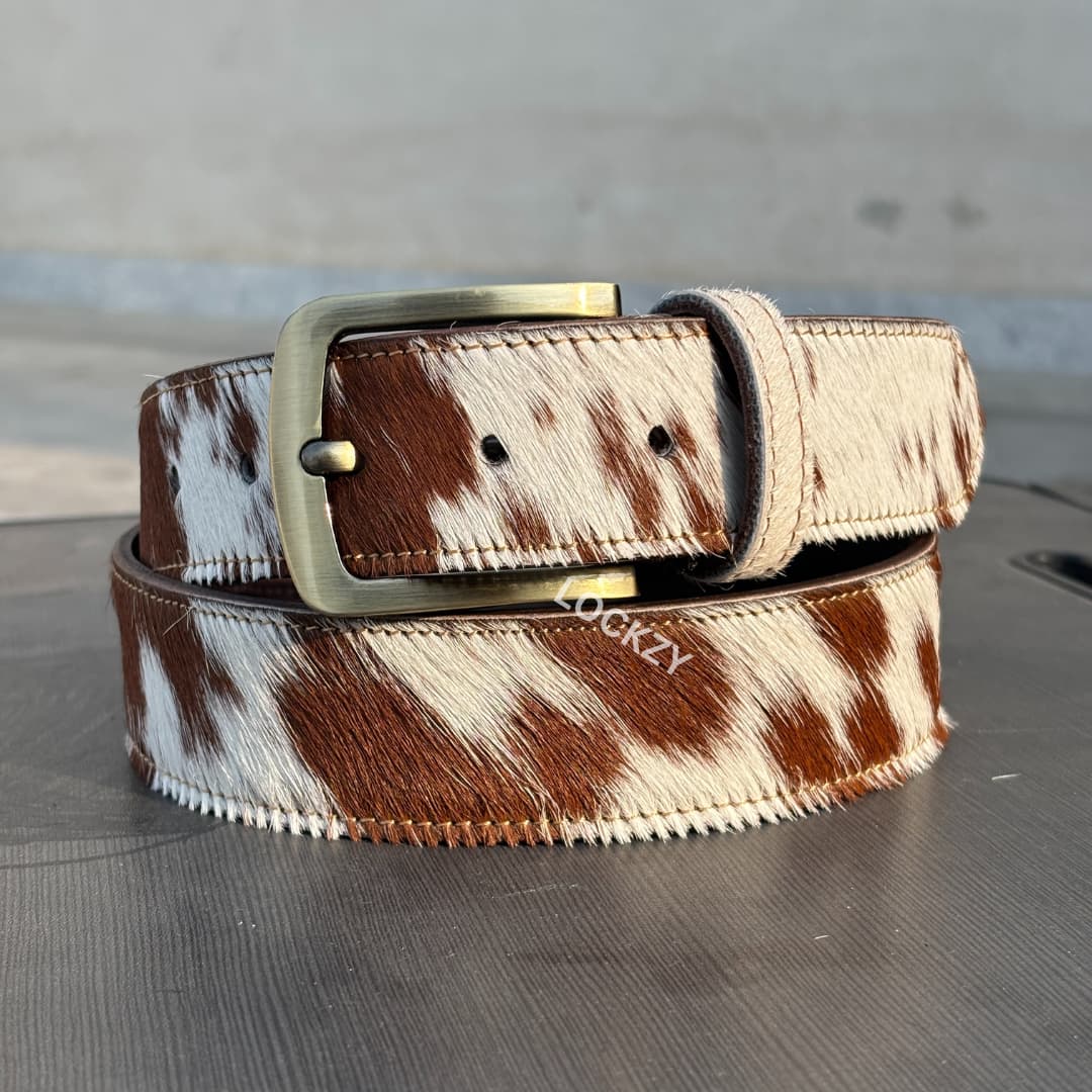 Premium Natural Brown & White Leather Belt with Hair