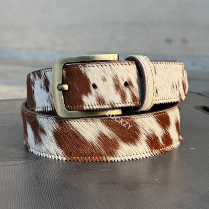 Premium Natural Brown & White Leather Belt with Hair