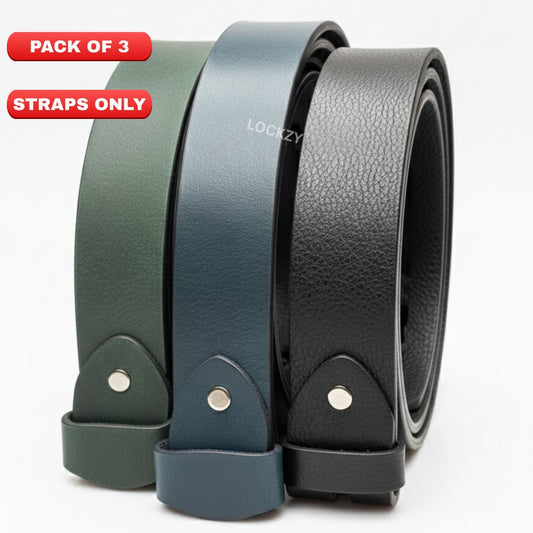 Pack of 3 - 40 MM Only Strap No Buckle Pull up Leather Straps - Black, Blue & Green