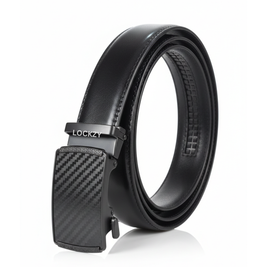 Men Black Premium Auto Lock Ratchet Track Leather Belt with High Chrome Finish - Durable, Elite