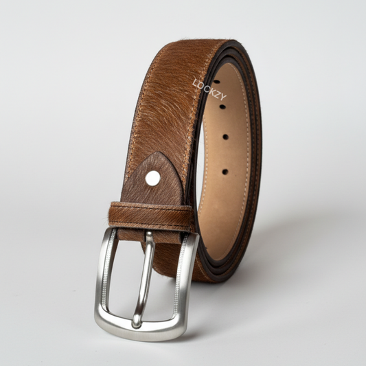 Lockzy Premium Natural Brown Hair-on-Hide Leather Belt | Genuine Cowhide | 40mm Width | Earthy Tan Textured Leather