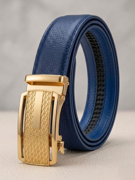Auto Lock Full Grain Natural Leather Belt - Blue