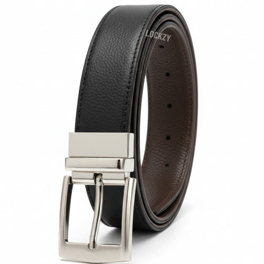 2-in-1 Double-Sided Real Cow Leather Natural Belt - Black & Chocolate Brown