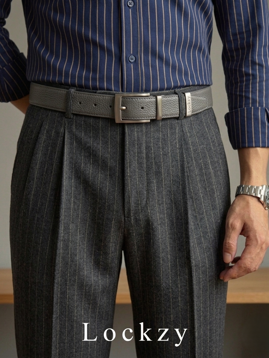 Person wearing gray pleated pants with a belt and striped shirt, brand 'Lockzy' visible.