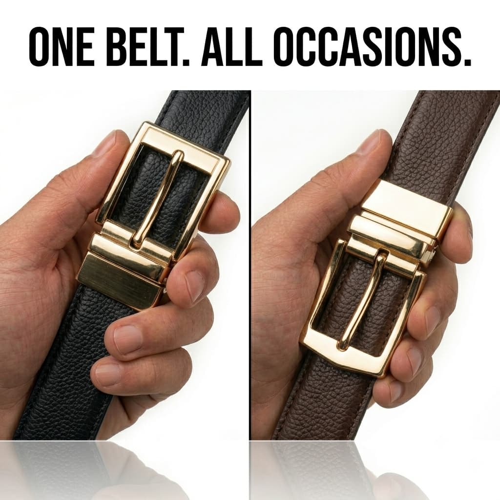 Two hands holding black and brown belts with gold buckles against a white background.