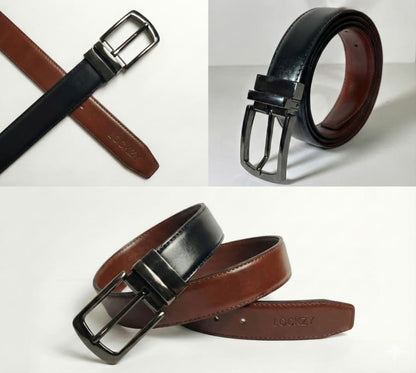 2-in-1 Double-Sided Cow Leather High Chrome Finish Belt - Black & Deep Brown