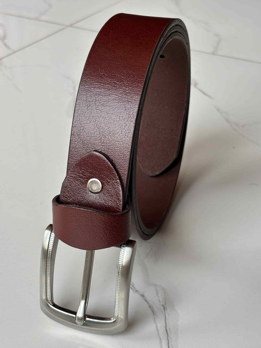 Lockzy Men's Full Grain Burgundy Leather Belt – 40mm Premium Handcrafted Real Leather Belt with Textured Silver Buckle