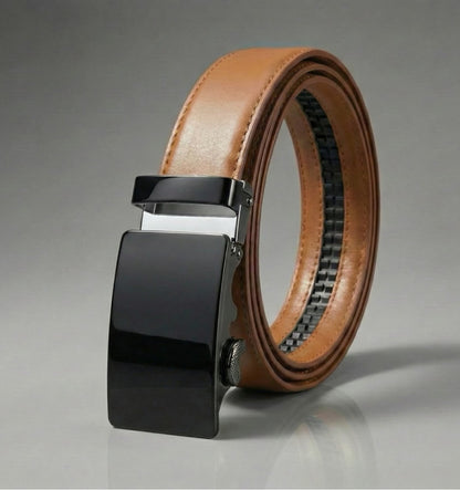 Brown belt with black buckle on a gray background