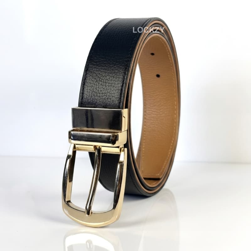 2-in-1 Double-Sided Real Cow Leather Natural Belt - Black & Camel