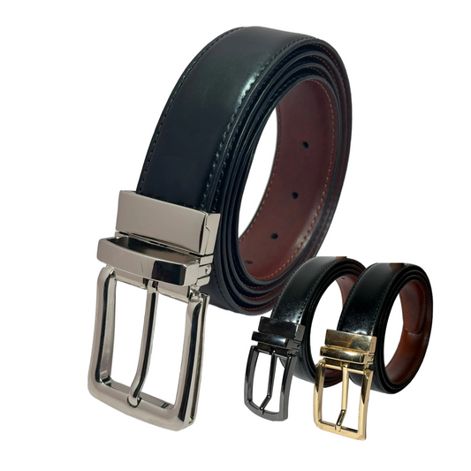2-in-1 Double-Sided Cow Leather High Chrome Finish Belt - Black & Deep Brown