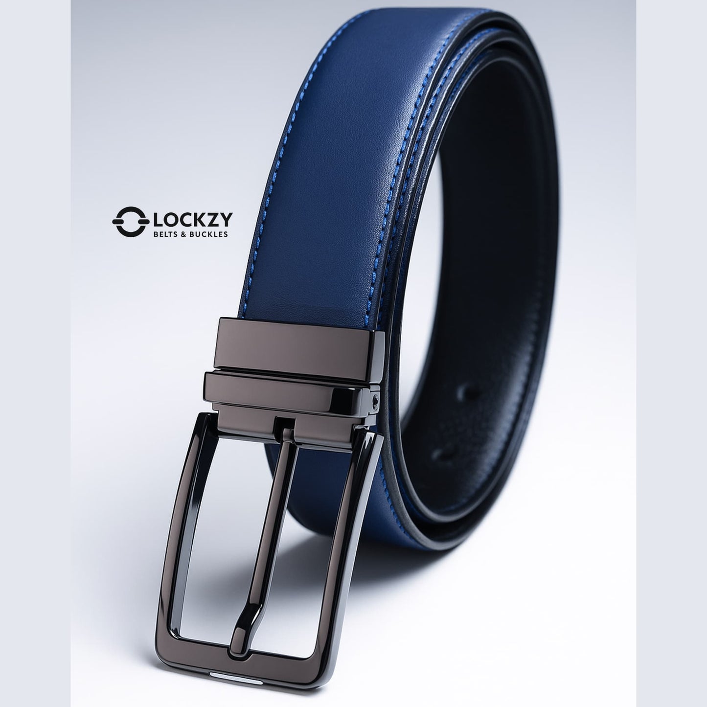2-in-1 Double-Sided Natural Cow 100 % Leather Belt - Black & Blue - No Peeling or Cracking