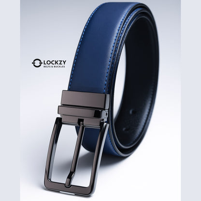 2-in-1 Double-Sided Natural Cow 100 % Leather Belt - Black & Blue - No Peeling or Cracking