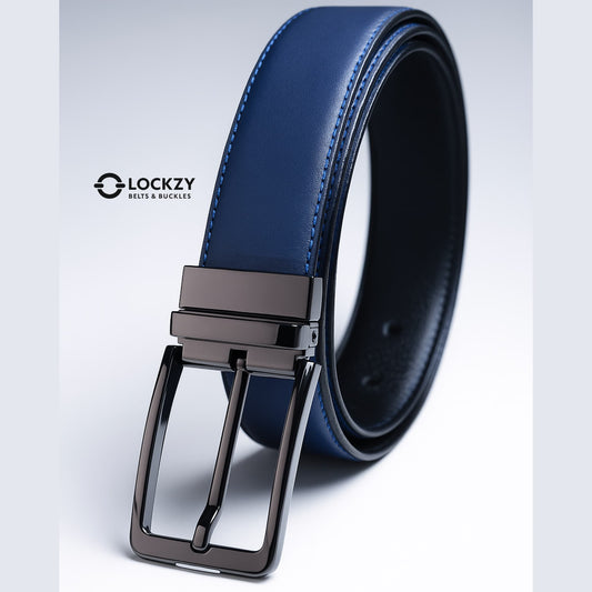 2-in-1 Double-Sided Natural Cow 100 % Leather Belt - Black & Blue - No Peeling or Cracking