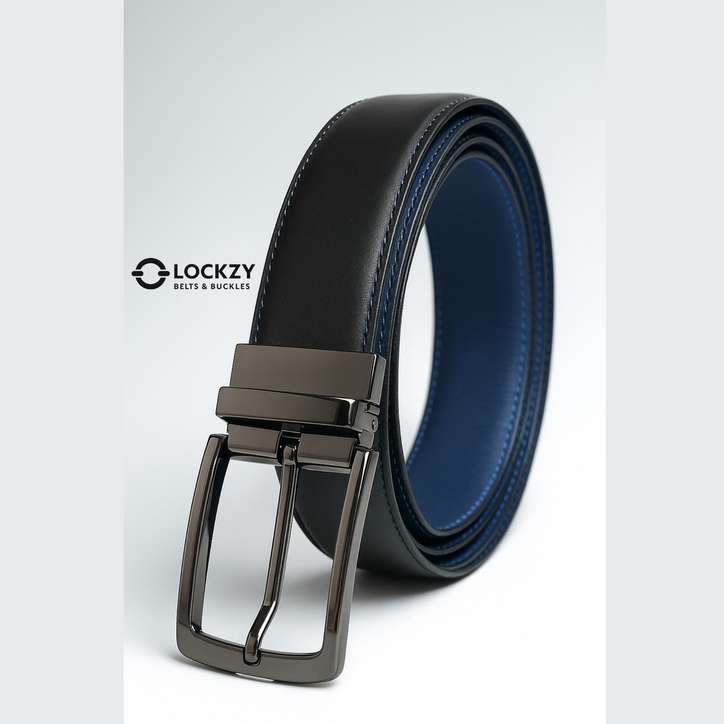 2-in-1 Double-Sided Natural Cow 100 % Leather Belt - Black & Blue - No Peeling or Cracking