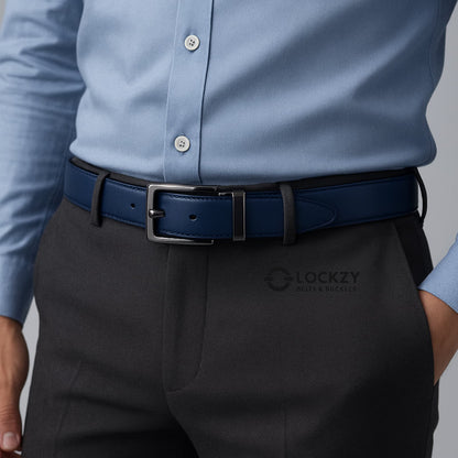 2-in-1 Double-Sided Natural Cow 100 % Leather Belt - Black & Blue - No Peeling or Cracking