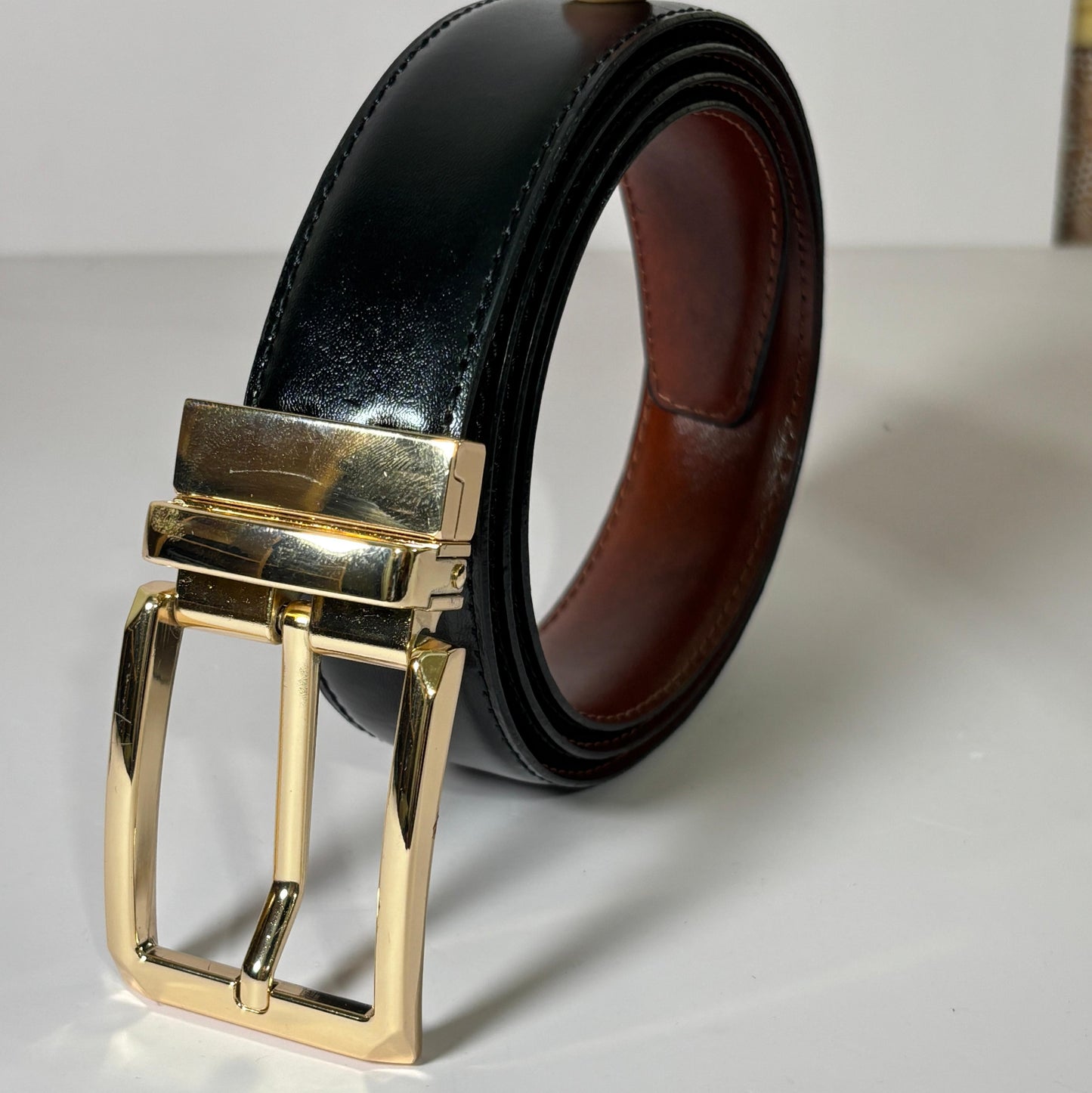 2-in-1 Double-Sided Cow Leather High Chrome Finish Belt - Black & Deep Brown