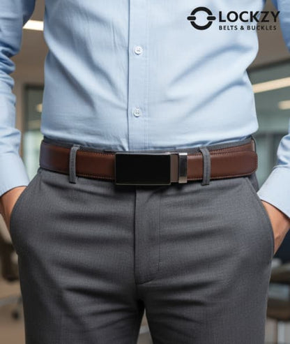 Real Full Grain 100% Cow Leather, Not Artificial Premium Auto Lock Belt – Dark Brown – Soft, Durable, Elite