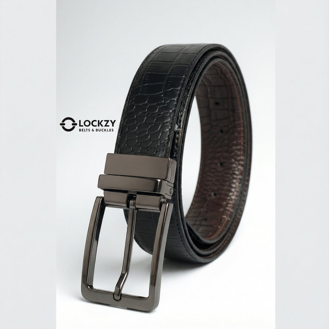 Black leather belt with a gunmetal buckle on a light gray background, featuring the Lockzy brand.