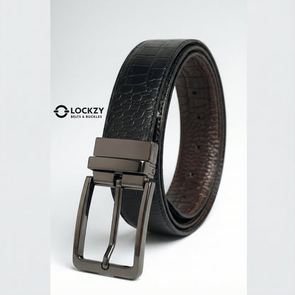 Black leather belt with a gunmetal buckle on a light gray background, featuring the Lockzy brand.