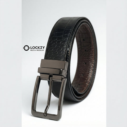 Black leather belt with a gunmetal buckle on a light gray background, featuring the Lockzy brand.