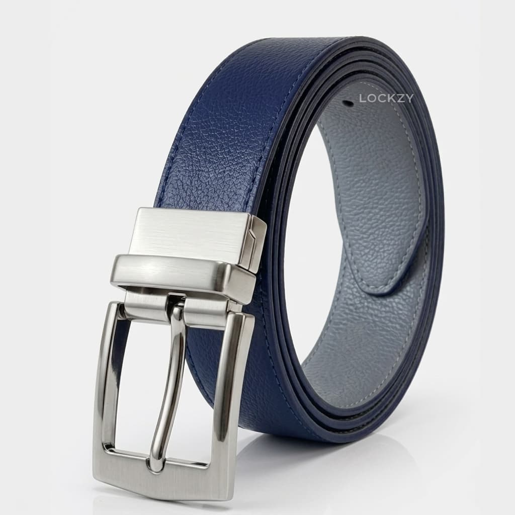 2-in-1 Double-Sided Natural Cow 100 % Leather Belt - Blue & Grey- No Peeling or Cracking