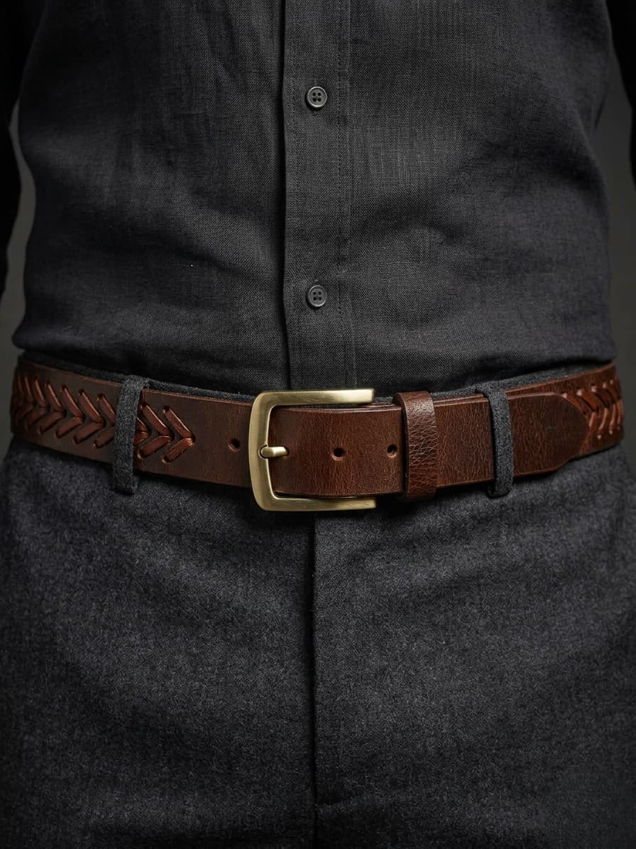 Crazy Horse Handmade Chevron Pattern Leather Belt - 40 MM