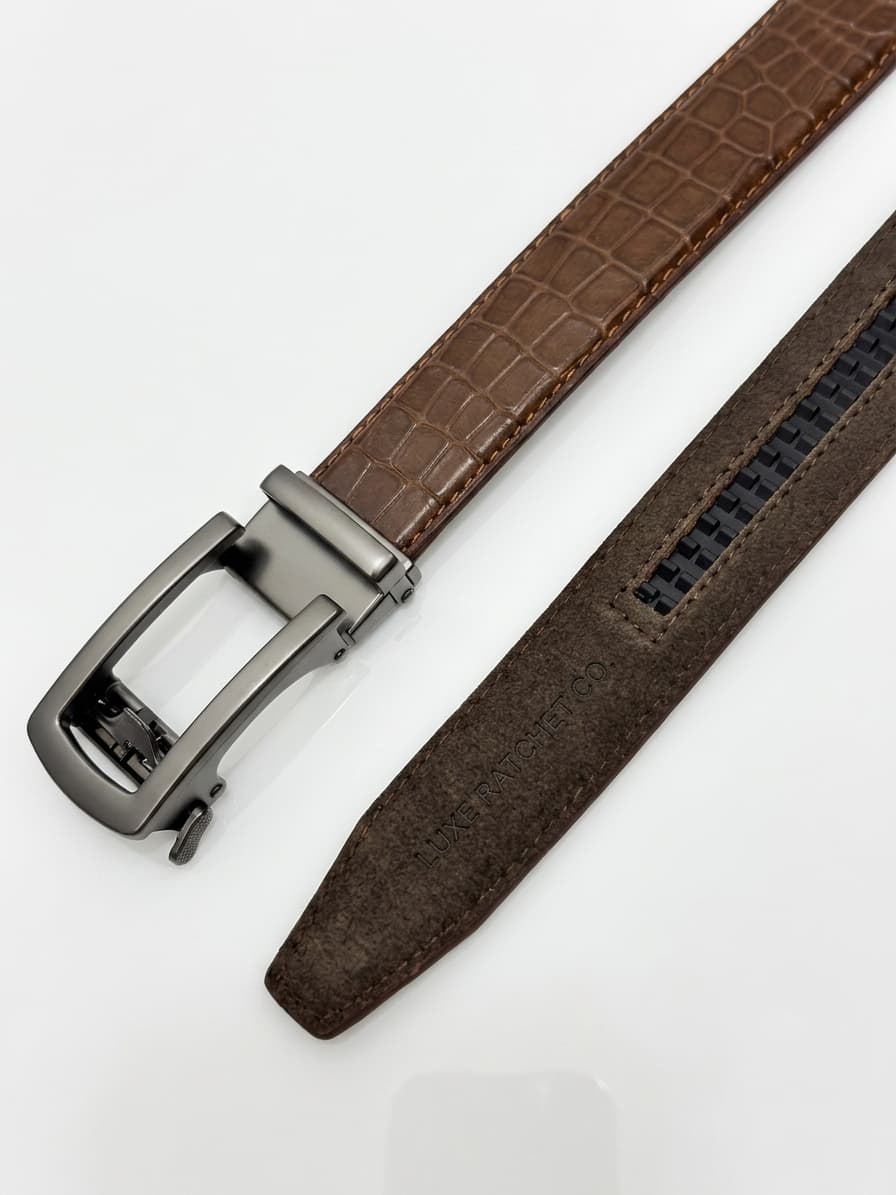Auto Lock Brown Leather Belt — Croc Embossed