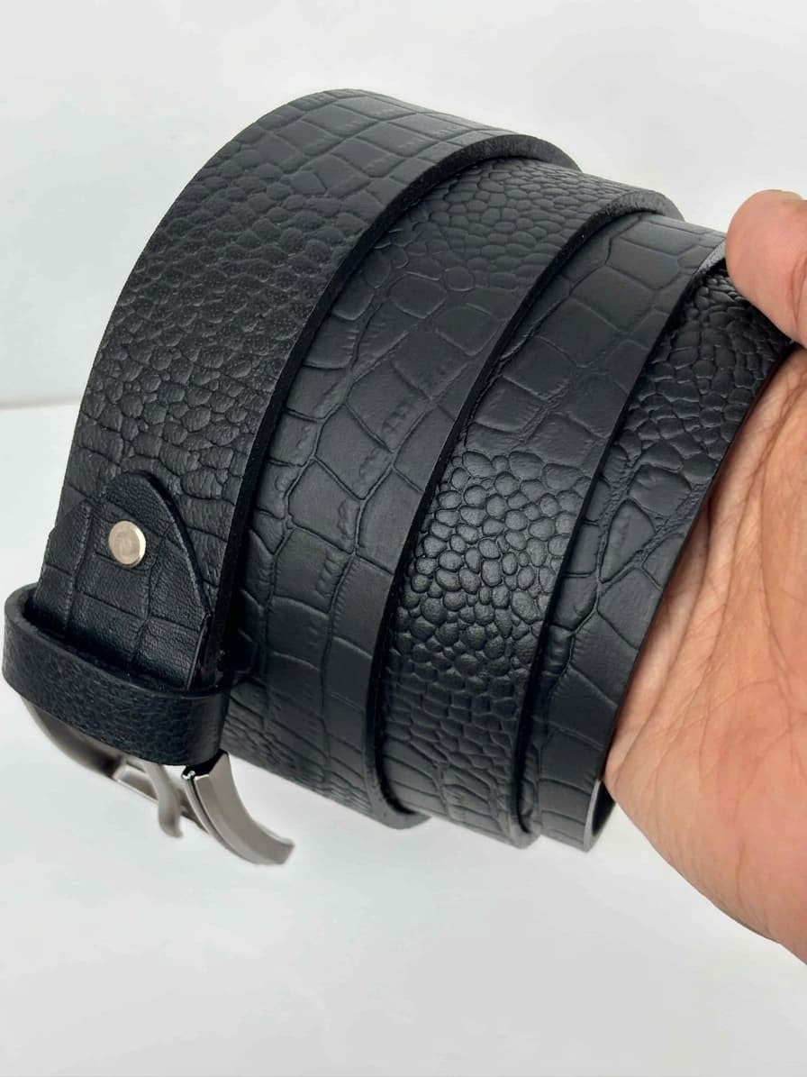 Full Grain 100%  Pure Leather Belt - - No Peeling or Cracking - Best For Jeans - Crocodile Black