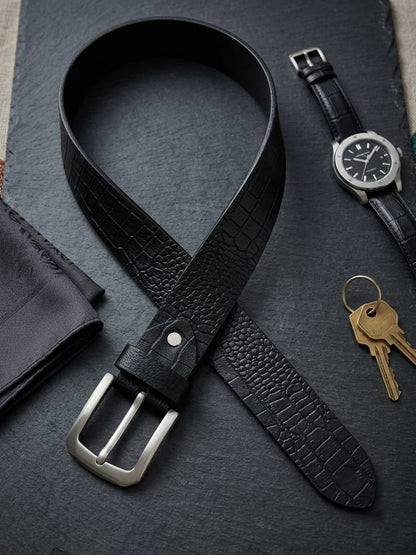 Full Grain 100%  Pure Leather Belt - - No Peeling or Cracking - Best For Jeans - Crocodile Black